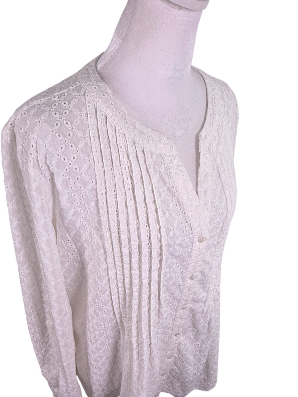 Fever White Eyelet Embroidered Pintuck Button Front Boho Tunic Blouse S - Picture 8 of 11